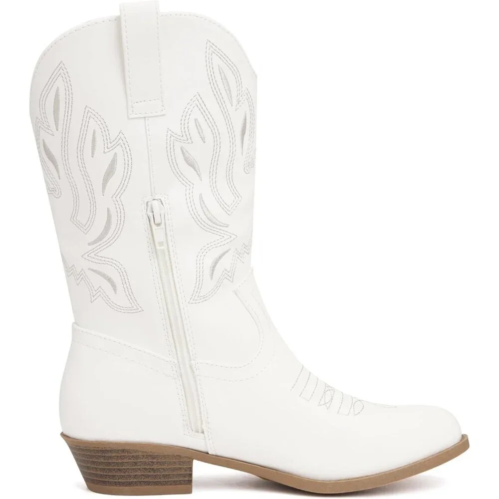 ⚡Kid White Polyurethane Cowboy Pointed Toe Mid-Calf Embroidered Side Zipper Boot